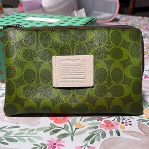 Coach Green Signature Canvas Zip Pouch with Cream Patch